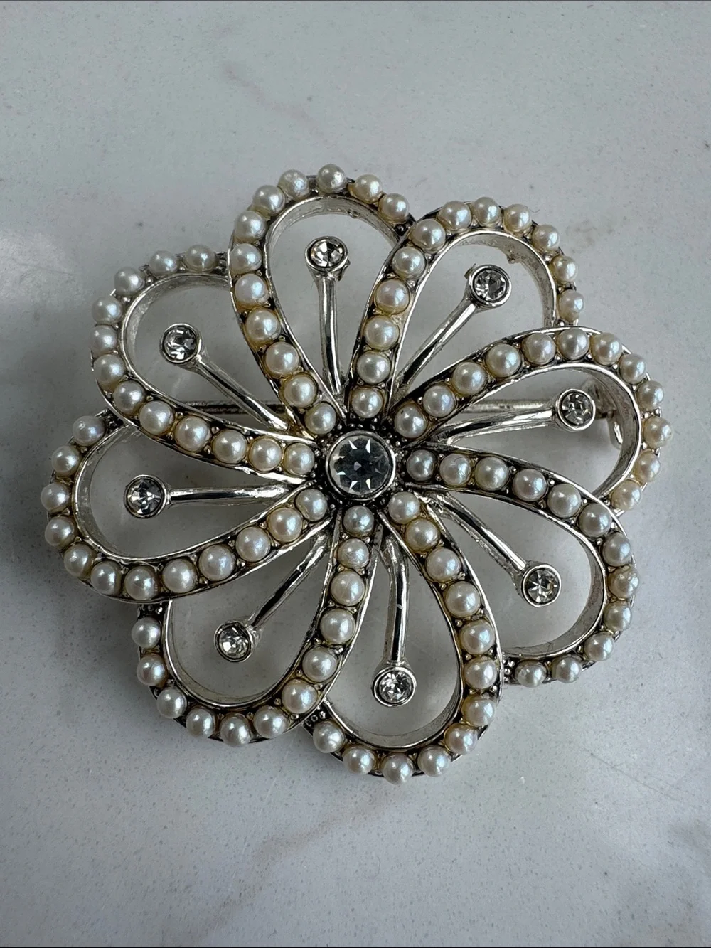 Monet Vintage Pearl Rhinestone Silver Tone Swirl Flower Brooch Pin Collectible